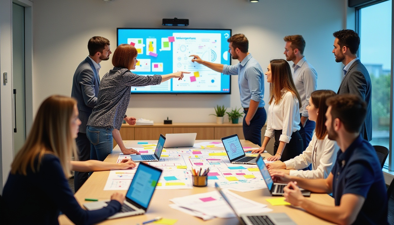 Équipe d’employés en entreprise réunie autour d’un bureau, participant à une séance de brainstorming pour proposer des solutions innovantes en matière d’optimisation énergétique.