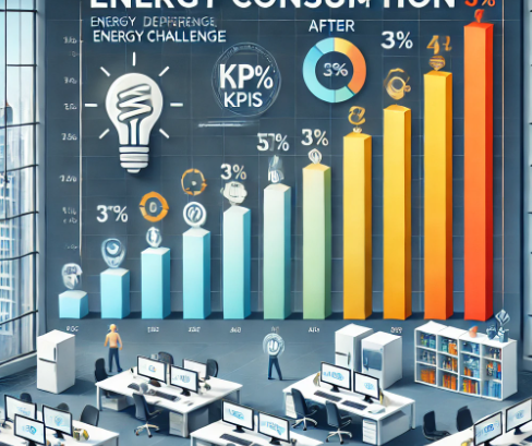 Graphique illustrant l'évolution de la consommation d’énergie par service avant et après un challenge énergétique en entreprise, mettant en évidence les gains en efficacité et la réduction des coûts