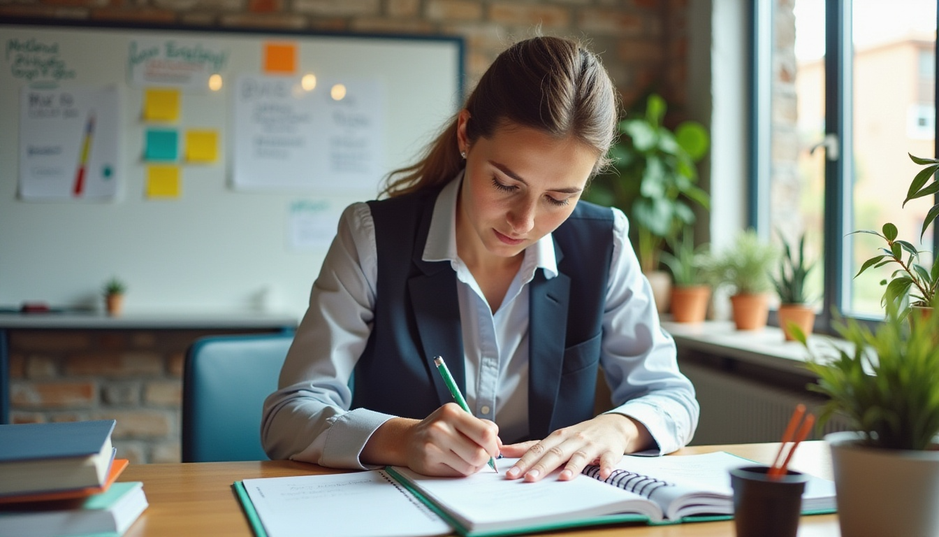 Employé notant des actions d’amélioration énergétique dans un carnet de suivi, documentant les anomalies et solutions mises en place pour réduire la consommation d’énergie en entreprise.